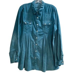 Johnny Was Pete & Greta Teal Corduroy Western Cut Pleated Front Snap Tunic Sz L